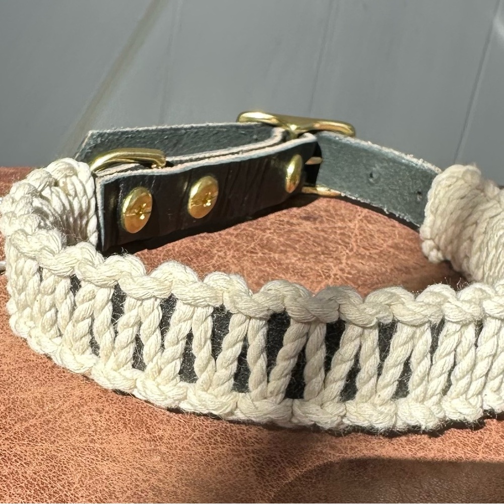 Ember & Ivory Black leather and Macrame dog collar